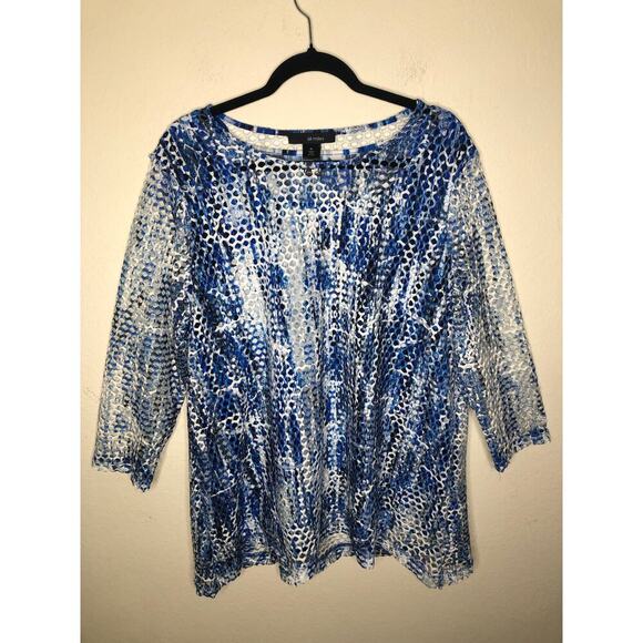 Ali Miles Blue White Abstract Mesh Overlay Tunic Top XL Beach Resort Wear Travel - Picture 2 of 16